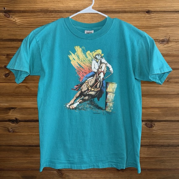 Vintage ONEITA 1991 Cowboy Barrel Racing T Shirt Teal Unisex Size XL Made in USA - Picture 1 of 7